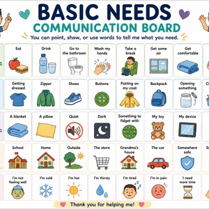 Peut inclure: Un tableau de communication pour les besoins fondamentaux avec une grille d'ic&ocirc;nes color&eacute;es et d'&eacute;tiquettes textuelles. Le tableau inclut des cat&eacute;gories comme J'ai besoin de, J'ai besoin d'aide pour, J'ai besoin d'autre chose et d'autres besoins.