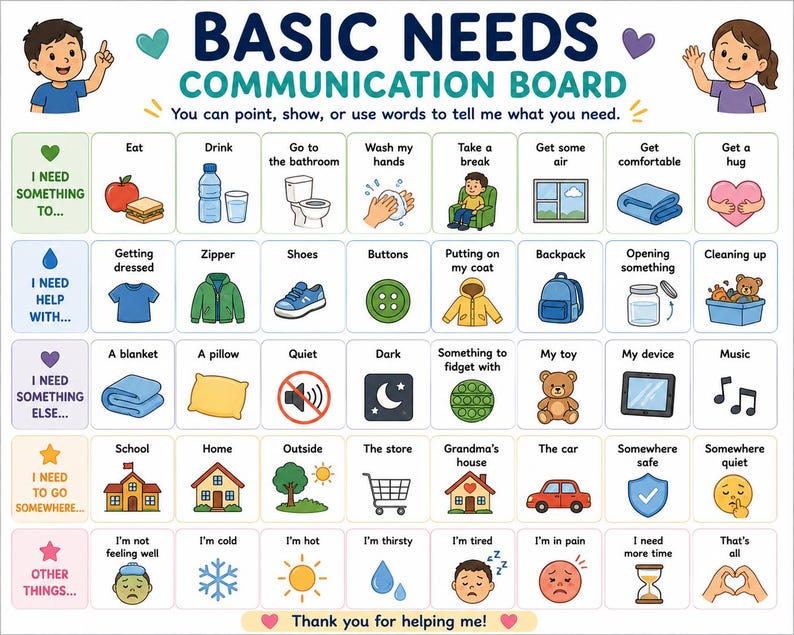 Peut inclure: Un tableau de communication pour les besoins fondamentaux avec une grille d'ic&ocirc;nes color&eacute;es et d'&eacute;tiquettes textuelles. Le tableau inclut des cat&eacute;gories comme J'ai besoin de, J'ai besoin d'aide pour, J'ai besoin d'autre chose et d'autres besoins.