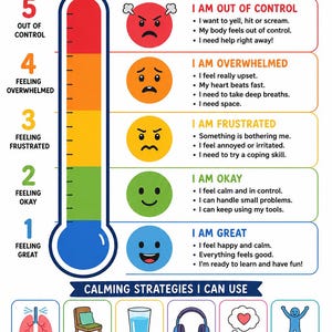 May include: A My Emotion Thermometer chart featuring a vertical color-coded scale from 1 to 5, matching five facial expressions to emotional states. Below, six illustrated calming strategies are listed, followed by the text: It's okay to feel all the feelings. I can choose how I respond.