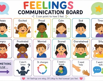 Peut inclure: Un tableau de communication des sentiments avec des illustrations colorées d'enfants exprimant diverses émotions comme heureux, triste et fatigué. Le tableau inclut des étiquettes pour chaque émotion et la phrase All feelings are okay.