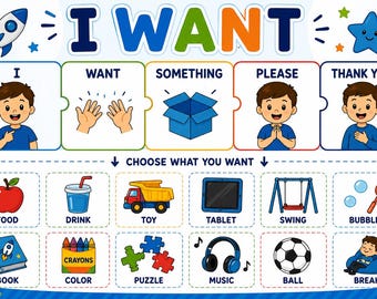 Peut inclure: Un tableau de communication avec le texte I WANT et des icônes colorées. La rangée supérieure affiche des phrases comme I, WANT, SOMETHING, PLEASE et THANK YOU. La rangée inférieure présente douze illustrations étiquetées incluant nourriture, boisson, jouet, tablette, balançoire, bulles, livre, crayons, puzzle, musique, ballon et pause.