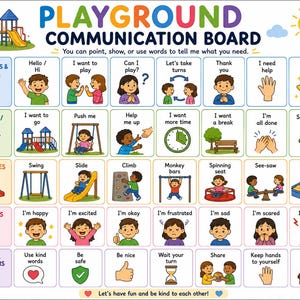 Pode incluir: Um quadro de comunicação retangular para parques infantis com ilustrações coloridas e texto. Inclui categorias como saudações, necessidades, atividades, sentimentos e lembretes, com ícones para expressar necessidades de forma clara.