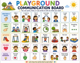 Peut inclure: Un tableau de communication pour aire de jeux rectangulaire avec des illustrations colorées et du texte. Il comprend des catégories comme les salutations, les besoins, les activités, les sentiments et des rappels pour exprimer ses besoins.
