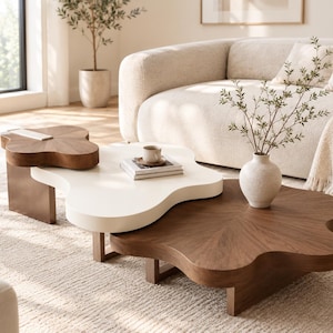 Peut inclure: Un ensemble de trois tables basses gigognes aux formes organiques et arrondies. Une table présente une finition blanche lisse, tandis que les deux autres arborent un grain de bois brun foncé. Chaque table repose sur des pieds rectangulaires.