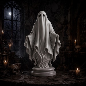Op de afbeelding: Een wit spookbeeldje op een ronde voet. De figuur is gedrapeerd in een glad, vloeiend, lakenachtig materiaal met diepe plooien en golven. Het heeft twee donkere, holle, ovaalvormige oogkassen op een afgerond, gelaatloos hoofd.