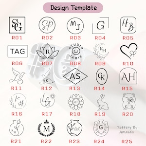 May include: A design template chart featuring twenty-five distinct black line art logos labeled R01 through R25. The collection includes monograms, floral motifs, animals, and geometric shapes, with the text Design Template at the top.