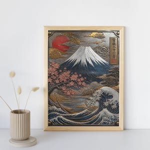 Japanse muurdecoratie met de berg Fuji, A4-formaat, printbaar PDF-bestand, Grote Golf en Kersenbloesem, geïnspireerd op Ukiyo-e. Digitale download.