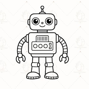 May include: A black and white line art illustration of a robot with a rectangular head, large circular eyes, and a small antenna on top. The torso features a rectangular panel with three circles and a vent, while the arms and legs are segmented.