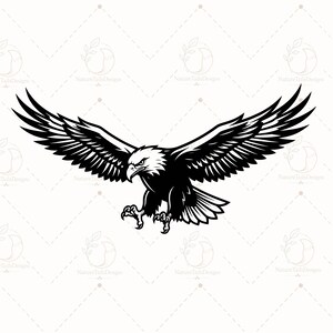 May include: A black and white graphic illustration of a bald eagle in flight with wings fully extended. The eagle is depicted with sharp, detailed feathers, a focused gaze, and talons reaching forward, rendered in a high-contrast vector style.