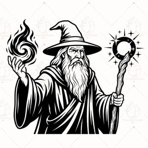 May include: A black and white graphic illustration of a wizard wearing a pointed hat and long robes. The wizard has a long beard, holds a swirling flame in one hand, and grips a wooden staff topped with a glowing circular emblem in the other.