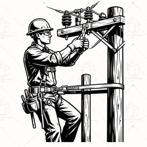 Puede incluir: Una ilustración en blanco y negro de un trabajador eléctrico con casco, gafas de seguridad y cinturón de herramientas, posicionado en un poste de madera mientras usa alicates para trabajar en el equipo y las líneas eléctricas.