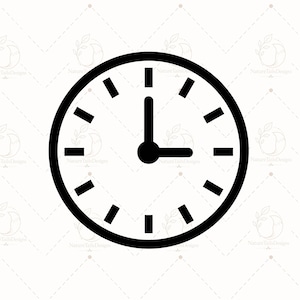 Puede incluir: Un icono de reloj en blanco y negro con un marco circular y doce marcas de hora espaciadas uniformemente. Las manecillas indican las tres en punto, con la manecilla de las horas apuntando hacia la derecha y la de los minutos hacia arriba.