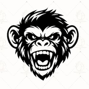 Puede incluir: Una ilustración gráfica en blanco y negro de una cabeza de mono con una expresión feroz. El mono muestra los dientes, colmillos visibles y texturas de pelaje detalladas alrededor de la cara y las orejas, en un estilo vectorial.