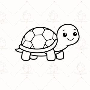May include: A black and white line art illustration of a smiling turtle. The turtle is depicted in profile, featuring a rounded shell with a hexagonal pattern, four short legs, and a small tail. The design has clean, bold outlines.