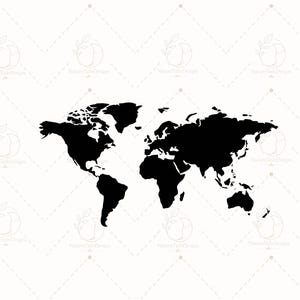 Może przedstawiać: Czarna grafika sylwetkowa mapy świata przedstawiająca kontynenty Ameryki Północnej, Ameryki Południowej, Europy, Afryki, Azji i Australii. Projekt jest przedstawiony jako jednolity czarny kształt na gładkim białym tle.