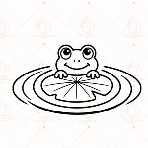 May include: A black and white line art illustration of a small frog with large eyes resting its front paws on a circular lily pad. The frog is positioned in the centre of concentric ripples, creating a simple graphic design on a white background.