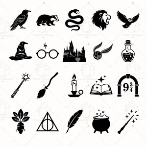 May include: A collection of twenty black silhouette icons featuring magical and fantasy-themed imagery, including animals like a raven, badger, snake, lion, and owl, alongside objects such as a wizard hat, round glasses, a castle, and a wand.