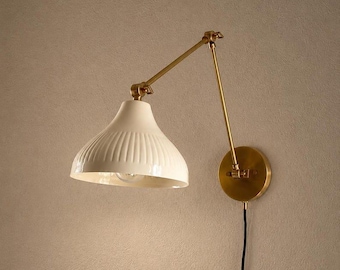 Swing Arm Wall Sconce, Adjustable Brass Wall Lamp, White Pleated Shade Light, Modern Bedside Reading Light, Handmade Wall Fixture