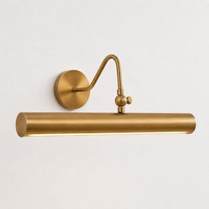 May include: A wall-mounted picture light with a brushed brass finish. The fixture features a circular wall plate, a curved arm, and a horizontal cylindrical lamp head with an adjustable swivel joint for directing light downward onto a surface.
