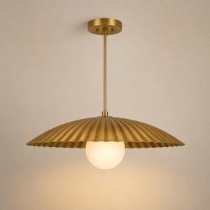 Large Brass Pleated Pendant Light, Frosted Glass Globe Ceiling Light, Modern Mid Century Hanging Lamp, Handmade Kitchen Light