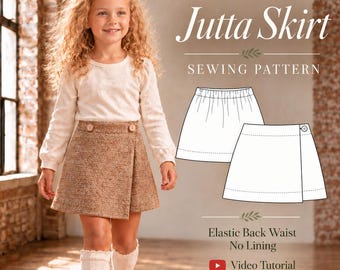 Puede incluir: Un patrón de costura Jutta Skirt que muestra una falda cruzada de textura marrón con dos botones frontales. El gráfico incluye un dibujo lineal de la falda, el texto Elastic Back Waist, No Lining y un icono rojo de Video Tutorial.