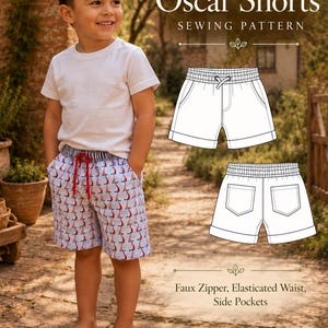 Könnte beinhalten: Ein Schnittmuster für Oscar-Shorts mit einem weißen T-Shirt und Shorts mit Segelboot-Muster, rotem Kordelzug, elastischem Bund, falschem Reißverschluss und Seitentaschen. Das Schnittmuster enthält technische Zeichnungen der Vorder- und Rückansicht.