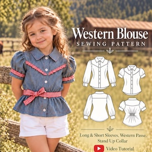 Pode incluir: Um molde de costura para uma blusa estilo Western, incluindo uma camisa de ganga azul com acabamento em xadrez vichy vermelho e branco, gola subida e fecho de botões. O molde inclui opções de mangas compridas ou curtas e pala.