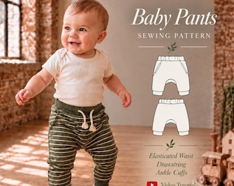 May include: A sewing pattern for baby pants featuring text that reads Baby Pants SEWING PATTERN, Elasticated Waist, Drawstring, Ankle Cuffs, and Video Tutorial. The image includes a line drawing of pants and a child wearing striped green pants.