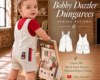 May include: A sewing pattern for Bobby Dazzler Dungarees featuring a classic bib, side and patch pockets, and an optional popper closure. The design includes a line drawing of the dungarees and a video tutorial icon for instructional guidance.