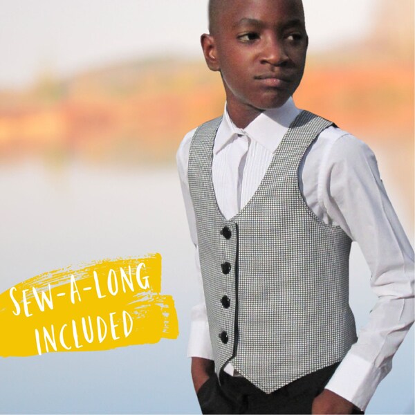 Waistcoat PDF Sewing Pattern for boys - Brooklyn - Intermediate Sewing Skill from Toddler to Teen Sizes with Video Instructions,  Age 1-12