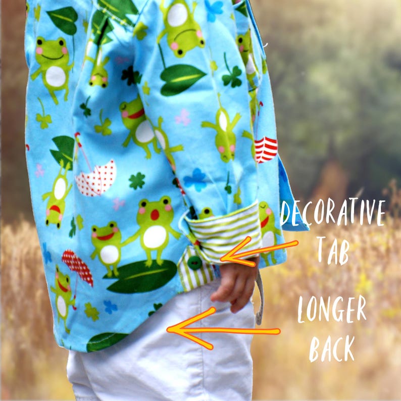 Cool shirt, pdf sewing pattern by Frocks & Frolics. Boys button down shirt for boys age 1-14. Here in a cute cotton frock print. It has cuffs, a stand up collar and classic yoke.