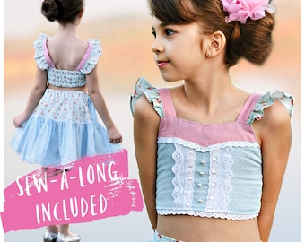 Crop Top  PDF Sewing Pattern with flutter sleeves baby girl pattern sun top by Frocks & Frolics - Connie Pattern for Age 1-12 Video Tutorial