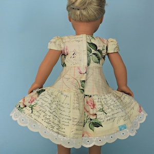 Isabella Doll dress, pdf sewing pattern for American Girl dolls. 18 inch doll clothes. Dress with pin tucks on the fron bodice and velcro closure. You get video tutorials for every step.