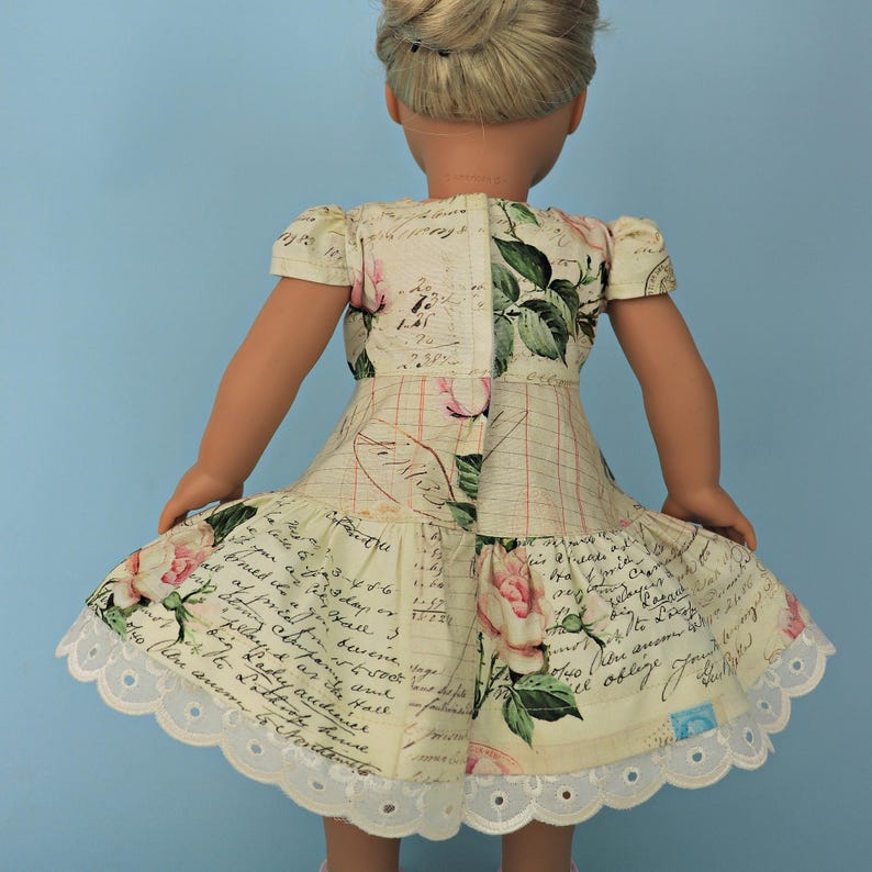 Isabella Doll dress, pdf sewing pattern for American Girl dolls. 18 inch doll clothes. Dress with pin tucks on the fron bodice and velcro closure. You get video tutorials for every step.