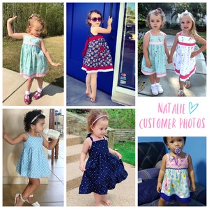 Natalie girls pinafore dress, pdf sewing pattern by Frocks & Frolics. High waist and sash with ties.  Customer gallery for their own pinafore makes
