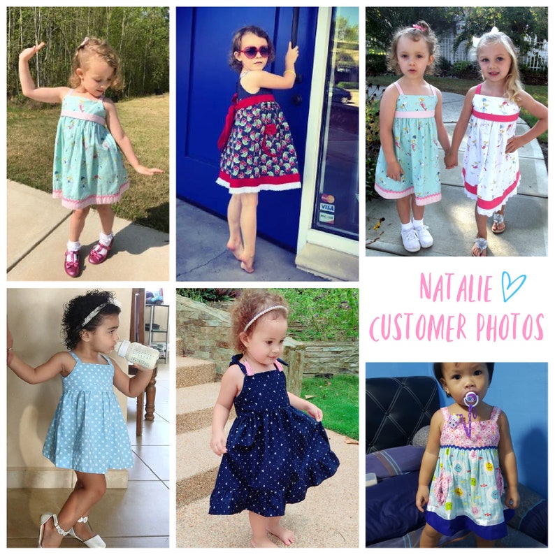 Natalie girls pinafore dress, pdf sewing pattern by Frocks & Frolics. High waist and sash with ties.  Customer gallery for their own pinafore makes