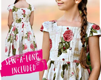 Vintage Dress PDF Sewing Pattern Isabella with a Square Neckline and Cap Sleeve, Tiered Skirt + lined Bodice also makes a Flower Girl Dress