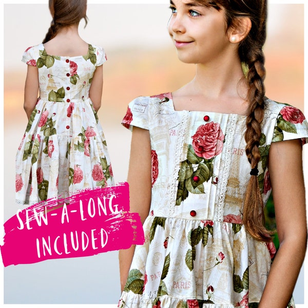 Vintage Dress PDF Sewing Pattern Isabella with a Square Neckline and Cap Sleeve, Tiered Skirt + lined Bodice also makes a Flower Girl Dress