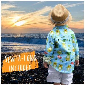 Cool shirt, pdf sewing pattern by Frocks & Frolics. Boys button down shirt for boys age 1-14. Here in a cute cotton frock print. It has cuffs, a stand up collar and classic yoke.