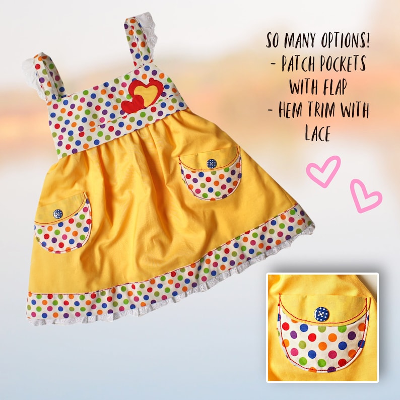 Natalie girls pinafore dress, pdf sewing pattern by Frocks & Frolics. High waist and sash with ties.  Here featuring a polka dot bodice and uni skirt in yello with lace detail. Double layer hem completes the look. Comes with free video tutorial.