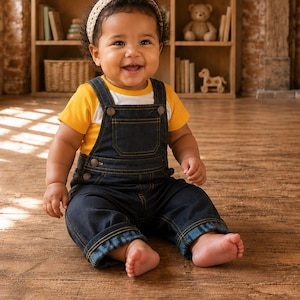 Könnte beinhalten: Ein lächelndes Baby mit einem cremefarbenen Häkelstirnband, einem leuchtend gelben kurzärmeligen T-Shirt und einer dunkelblauen Jeanslatzhose mit sichtbaren Nähten und Metallknöpfen, das auf einem Holzboden sitzt.