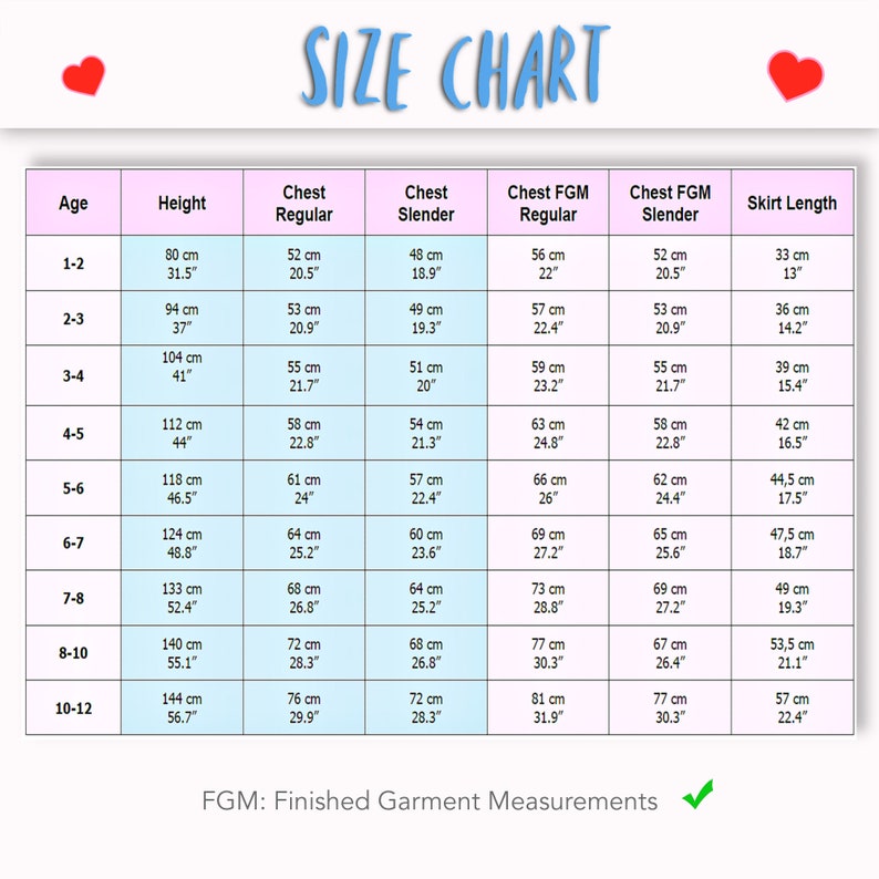 Natalie girls pinafore dress, pdf sewing pattern by Frocks & Frolics. Featuring the size chart for the dress.