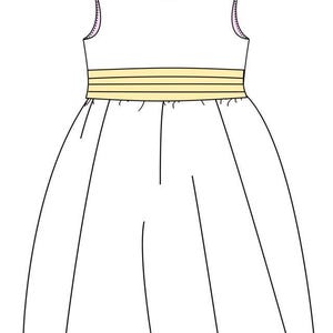 Flower girl dress pdf sewing pattern, cummerbund sash, big bow, classic flower girl frock, pink sash, cream bodice, covered buttons, rouleaux loop fastening. Free You Tube Video playlist. Back view of the handcovered cover buttons.