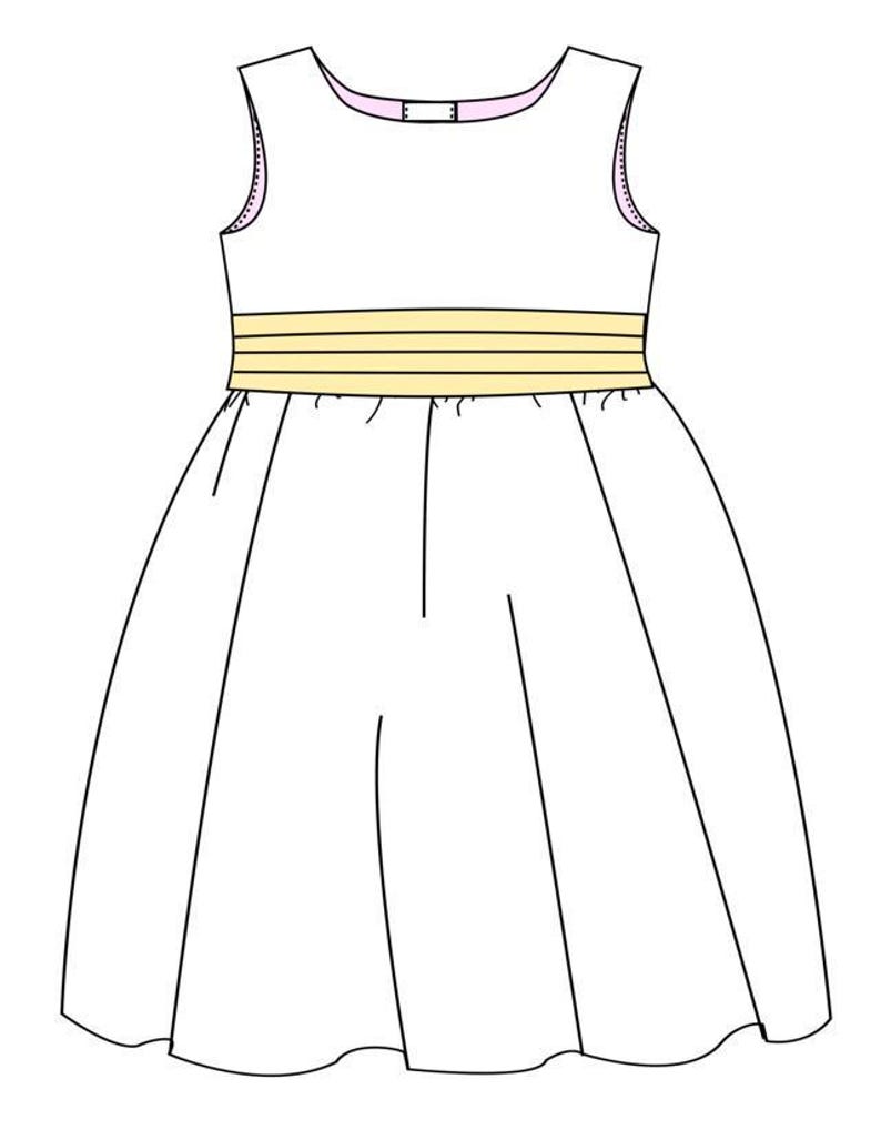Flower girl dress pdf sewing pattern, cummerbund sash, big bow, classic flower girl frock, pink sash, cream bodice, covered buttons, rouleaux loop fastening. Free You Tube Video playlist. Back view of the handcovered cover buttons.