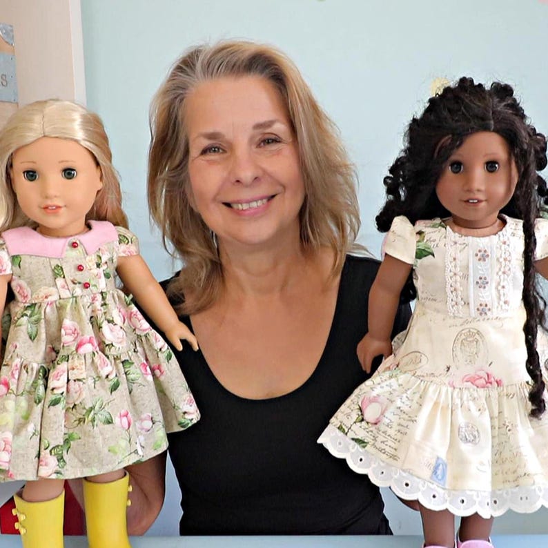 Isabella Doll dress, pdf sewing pattern for American Girl dolls. 18 inch doll clothes. Dress with pin tucks on the fron bodice and velcro closure. You get video tutorials for every step. Marina Brumpton with her dolls.