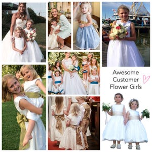 Flower girl dress pdf sewing pattern, cummerbund sash, big bow, classic flower girl frock, pink sash, cream bodice, covered buttons, rouleaux loop fastening. Free You Tube Video playlist.
