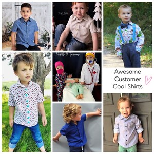 Cool shirt, pdf sewing pattern by Frocks & Frolics. Boys button down shirt for boys age 1-14. Here in a cute cotton frock print. It has cuffs, a stand up collar and classic yoke. Customer photos.