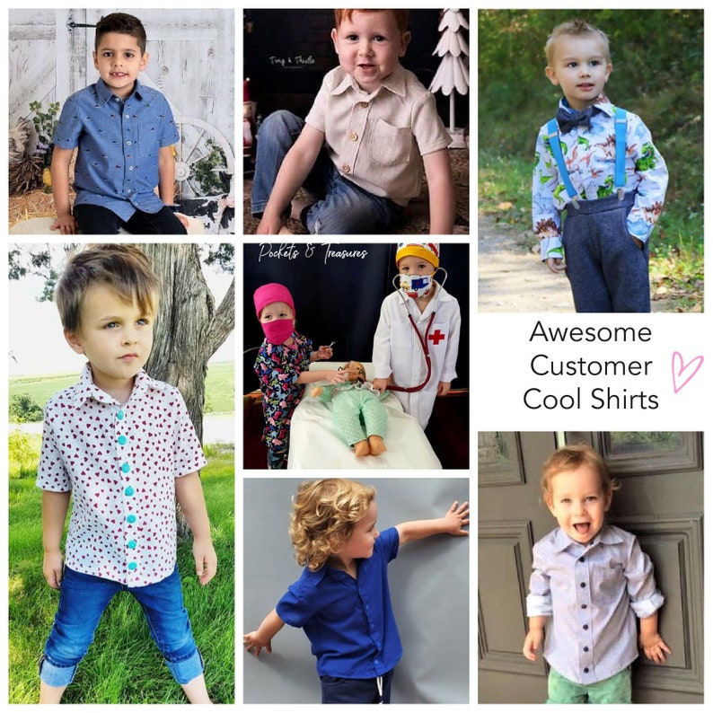 Cool shirt, pdf sewing pattern by Frocks & Frolics. Boys button down shirt for boys age 1-14. Here in a cute cotton frock print. It has cuffs, a stand up collar and classic yoke. Customer photos.