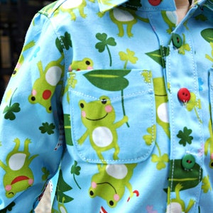 Cool shirt, pdf sewing pattern by Frocks & Frolics. Boys button down shirt for boys age 1-14. Here in a cute cotton frock print. It has cuffs, a stand up collar and classic yoke.
