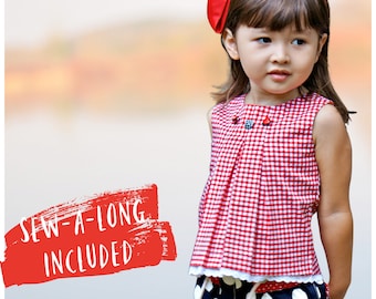 Girls Top & Dress PDF Pattern a sleeveless Dress or Blouse with Box Pleats and Video Instructions , The Lily Pattern for Age 1 - 12